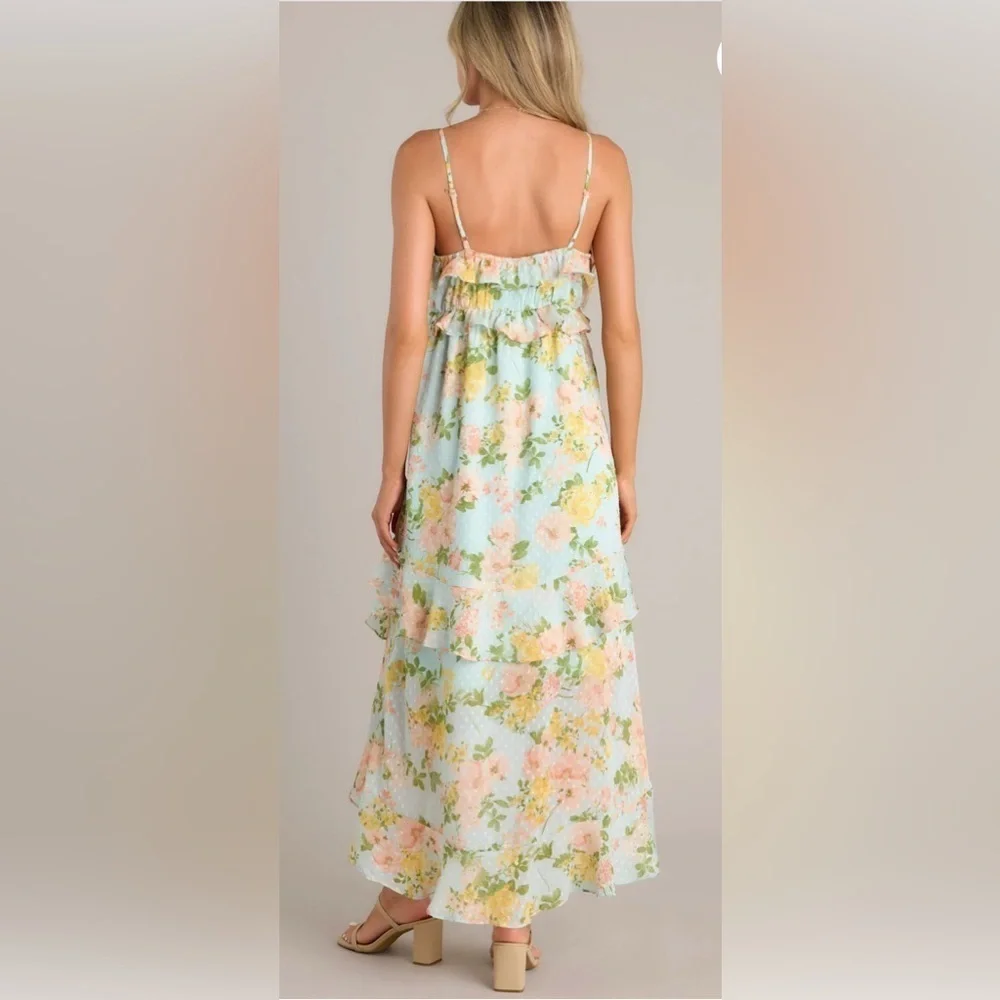 By The River Blossom In Time Blue Multi Floral Ruffle Tiered Midi Dress Size L - Picture 2 of 14